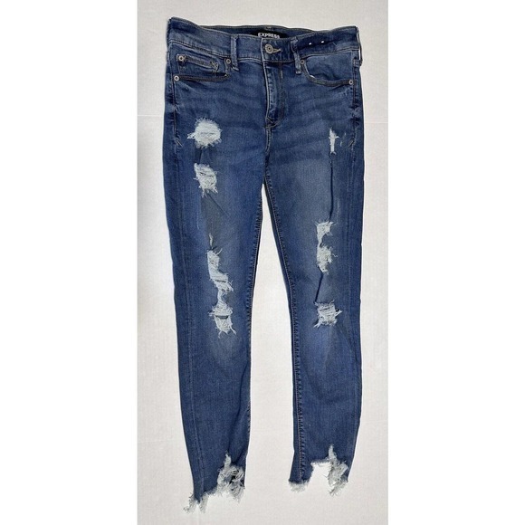 Express Pants Womens 2R Blue Denim Jeans Ankle Mid Rise Distressed Ladies - Picture 1 of 10